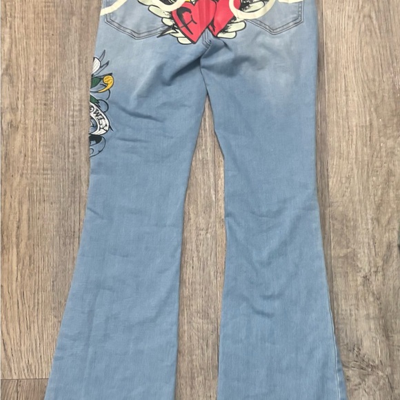 Ed Hardy Blue Flare Jeans with Skull and Heart Motif - Picture 2 of 2